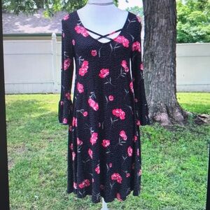 Floral Black Dress with Red Accents